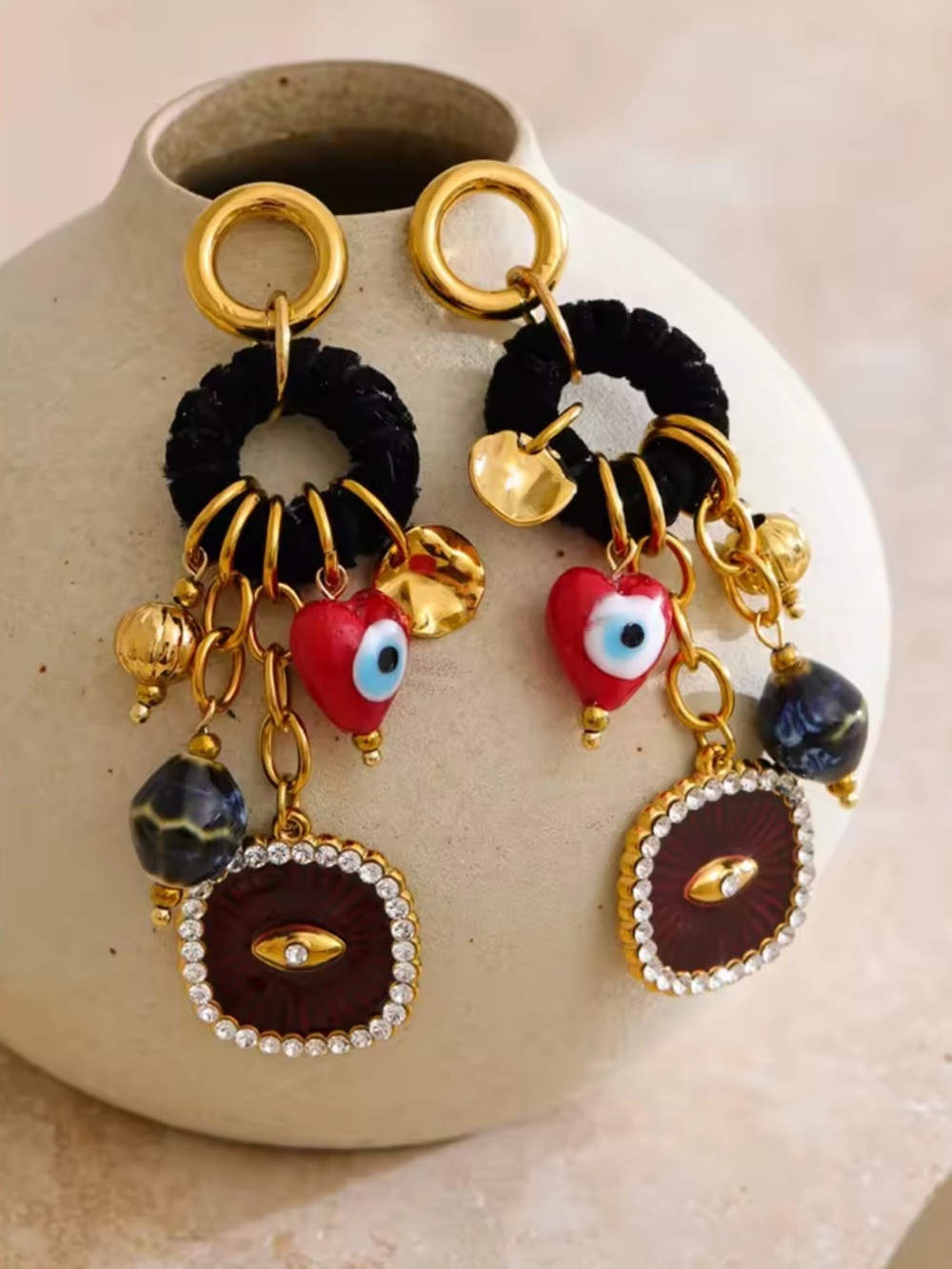 Evil Eye Charm Statement Earrings – Gold Tone Boho Earrings - Picture 5 of 9